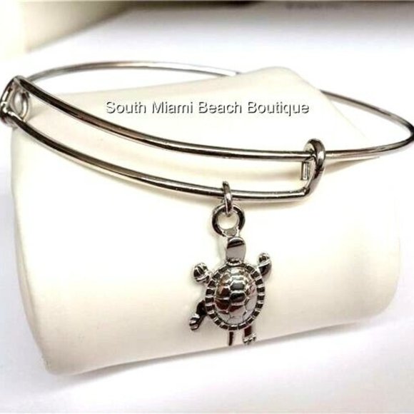 Turtle Charm Bracelet Silver Plated Beach Island Wire Nautical Island Sea Life - Picture 1 of 10